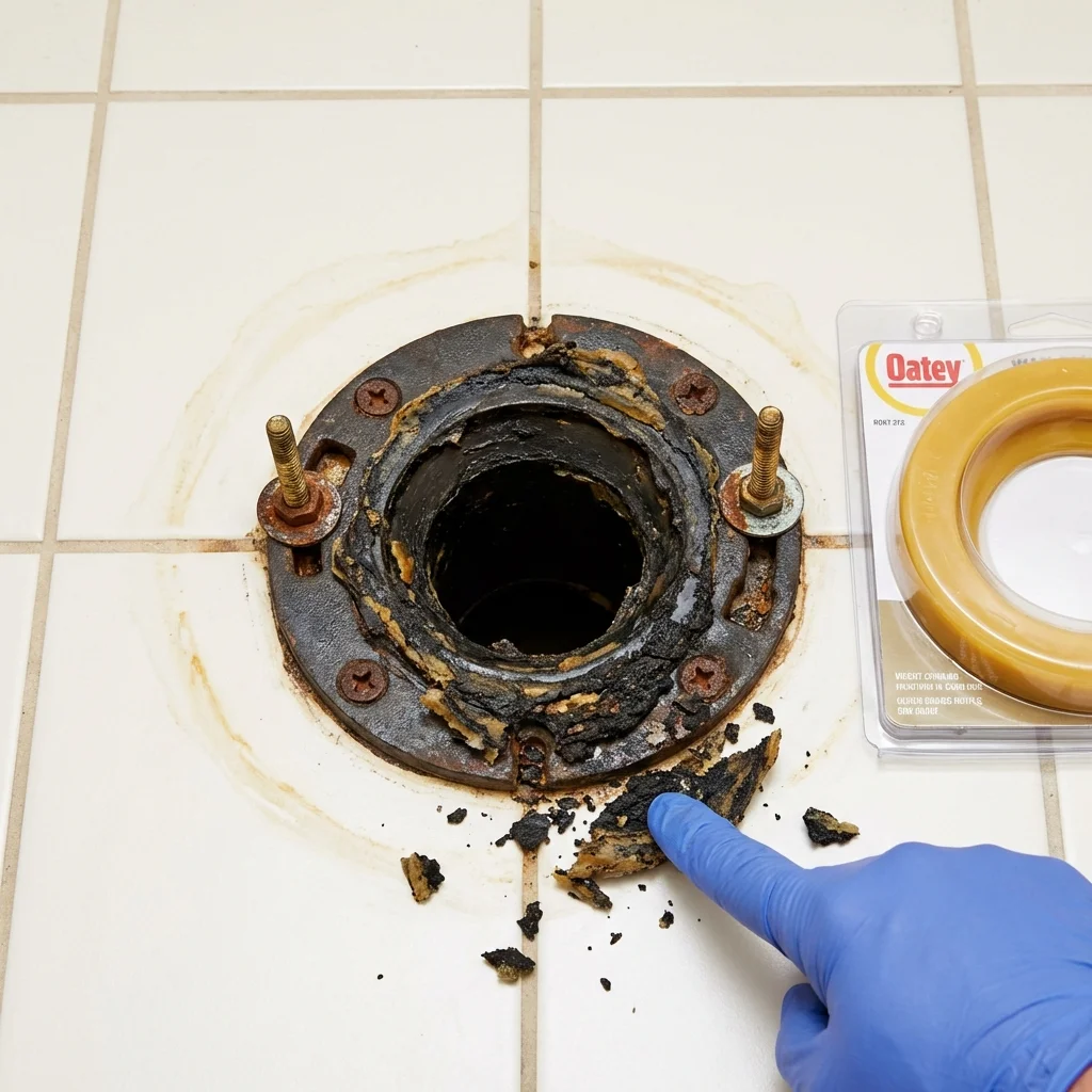 Failed wax ring showing water seepage at the base of a toilet in a Oakwood, IL home
