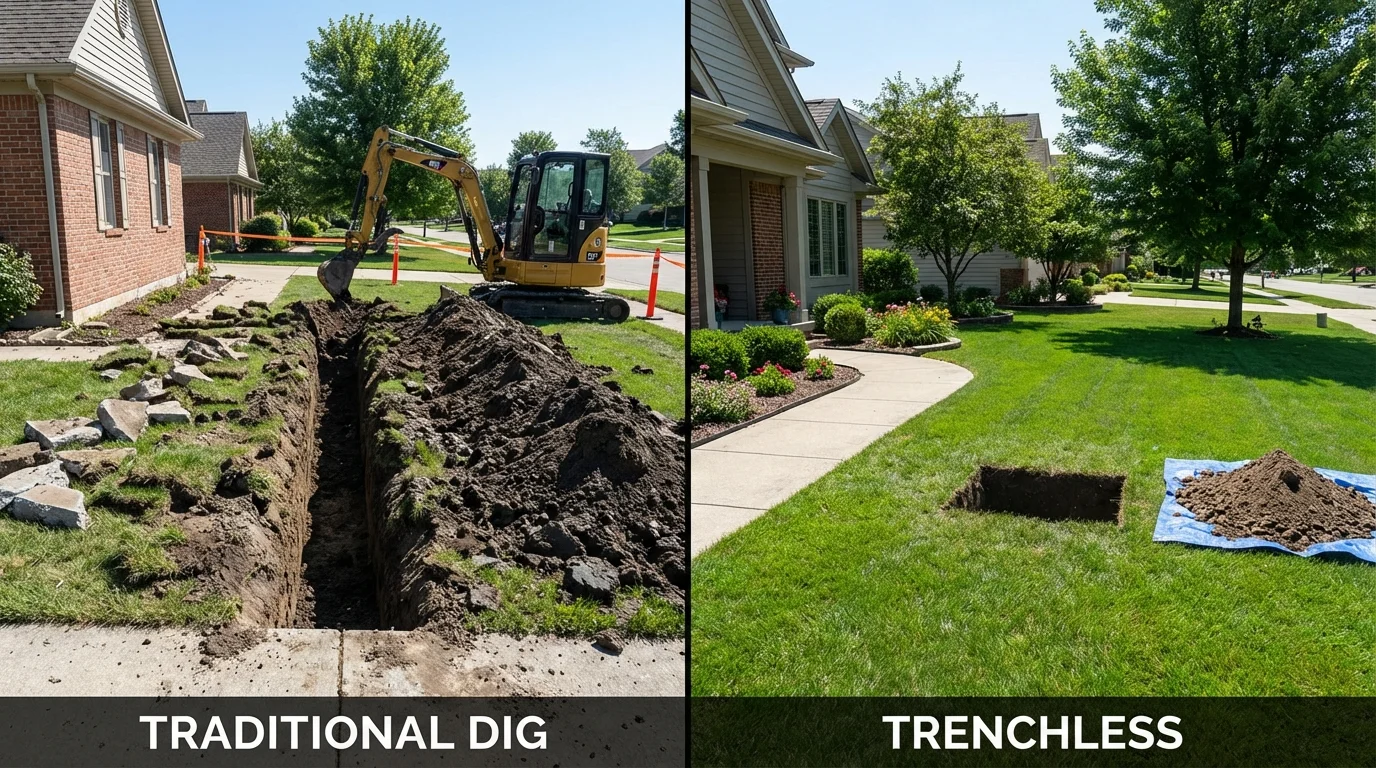 Trenchless sewer repair with minimal yard damage versus traditional excavation in Oakwood, IL
