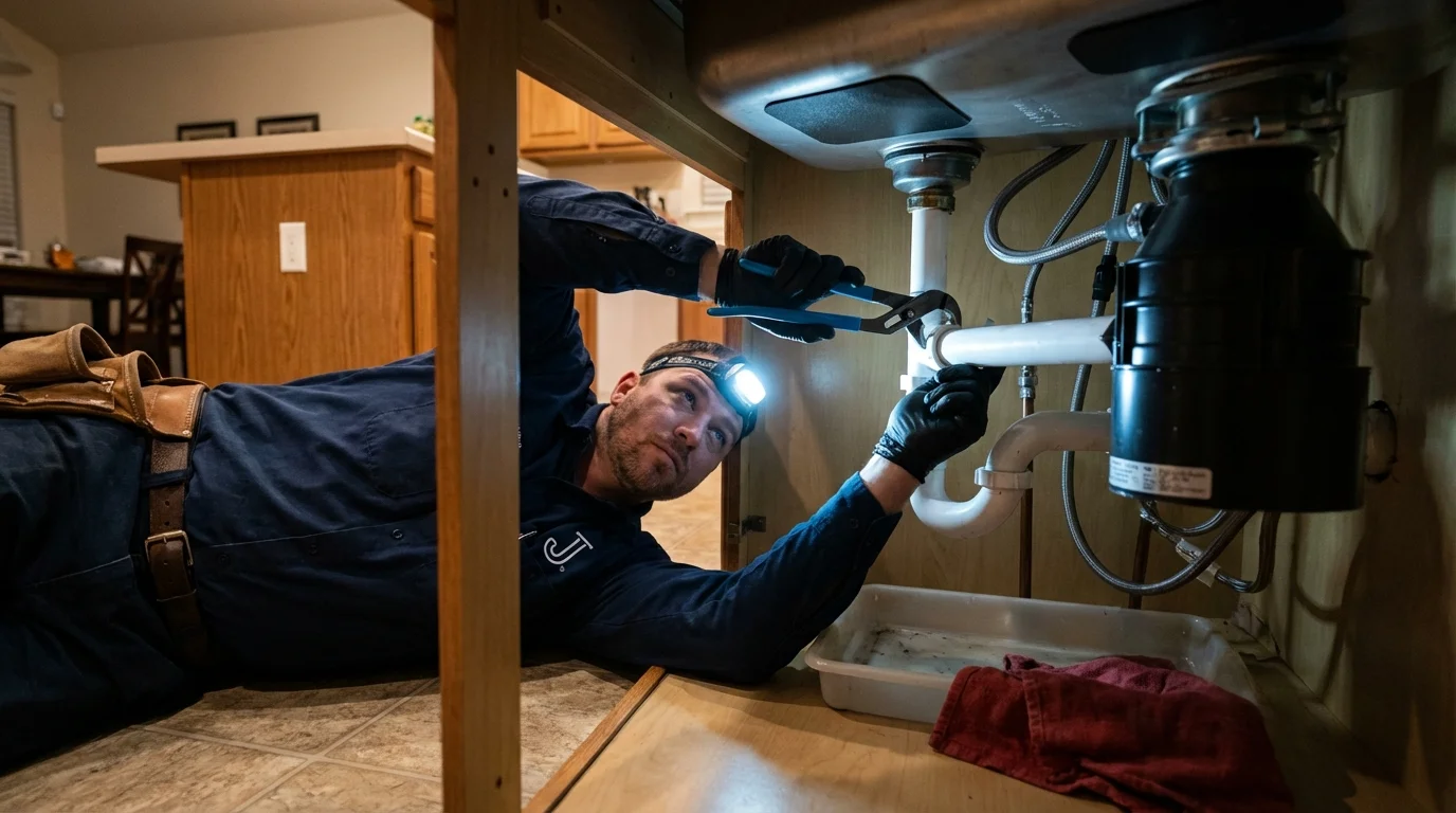 P-trap and supply line connections under a kitchen sink showing a common leak point in Oakwood, IL